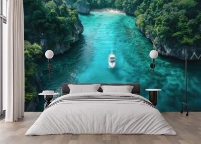 A boat is floating on a body of water with trees in the background Wall mural