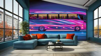 A bus is driving down a road with a neon pink and purple color scheme. The bus is moving quickly and he is in motion Wall mural