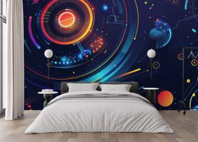 A colorful, abstract space scene with many circles and squares Wall mural