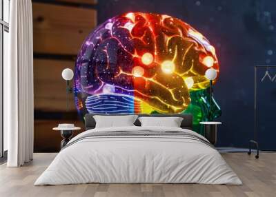 A colorful brain with rainbow colors and a rainbow in the background. The brain is surrounded by a cloud of light, giving it a sense of energy and creativity Wall mural