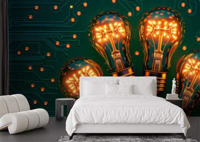 A group of light bulbs are lit up on a green background. The bulbs are arranged in a row and are all lit up. Concept of warmth and brightness, as the light bulbs are glowing and illuminating the area Wall mural