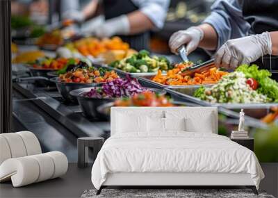 A group of people are preparing food in a kitchen, with a variety of vegetables and salads on display. Scene is busy and bustling, with the people working together to create a delicious meal Wall mural