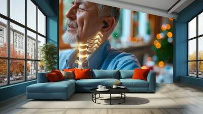 A man with a neck brace is sitting in a room with Christmas decorations Wall mural