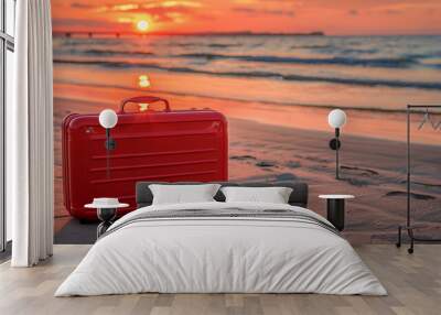 A red suitcase is sitting on the sand at the beach. The sun is setting in the background, creating a warm and peaceful atmosphere Wall mural