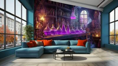 A room with two purple vials of liquid on a table Wall mural