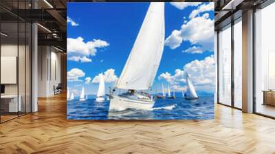 A sailboat is sailing in the ocean with a blue sky in the background Wall mural