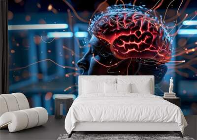 A woman's brain is shown in a computer generated image with a red glow. Concept of technology and artificial intelligence, as well as the complexity and power of the human brain Wall mural