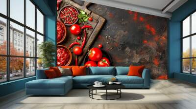 A wooden cutting board with a variety of red ingredients including tomatoes, peppers, and spices. The scene is set against a black background Wall mural