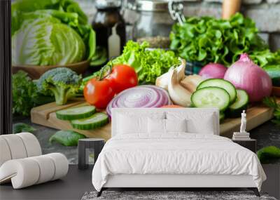 A wooden cutting board with a variety of vegetables including tomatoes, cucumbers, onions, and lettuce Wall mural