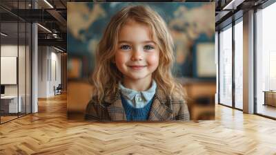 A young girl with blonde hair and blue eyes is smiling at the camera Wall mural