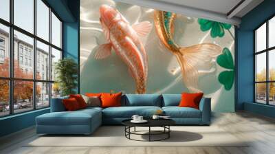 free space for title banner with Surreality, on the shimmering white water surface, there are two pink and gold fish and emerald four leaf clover with a heart-shaped shape in the middle, beautiful cur Wall mural