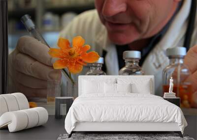 Homeopathic doctor from future, in his laboratory studying a flower, to extract its essence for remedies. Wall mural