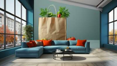 paper bag with groceries, empty background. Wall mural