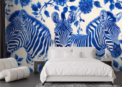 Three zebras are painted on a blue and white background. The zebras are positioned in a way that they appear to be looking at the viewer. The blue and white color scheme creates a sense of calm Wall mural