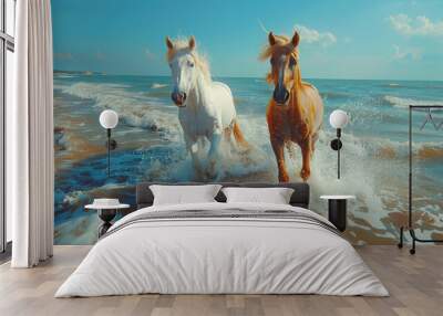 Two horses are running in the ocean Wall mural