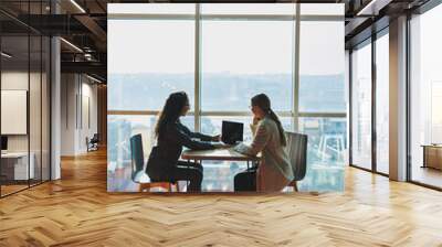 Two female co-workers and colleagues discussing working together on business project using laptop, female executive explaining new online idea to co-worker analyzing compute Wall mural