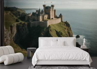 sinister, gothic castle perched on a cliff overlooking a stormy sea. Lightning illuminates the sky, casting eerie shadows on the castle's towers and turrets.  illustration Wall mural