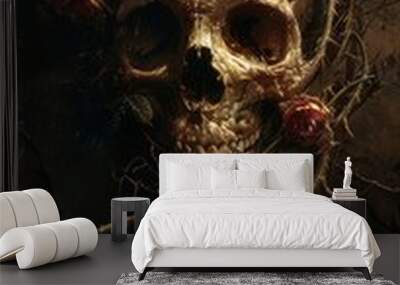 Gothic theme with skull and roses, tattoo elements, AI generated Wall mural