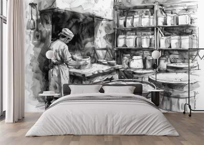 A black and white drawing of a woman in a kitchen. Suitable for various design projects Wall mural