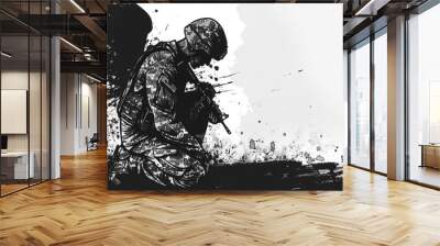 A black and white photo of a soldier holding a gun Wall mural