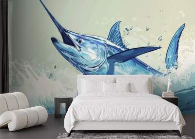 A blue marlin fish jumping out of the water. Suitable for fishing or marine life concepts Wall mural