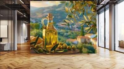 A bottle of olive oil accompanied by olives and bread on a table Wall mural