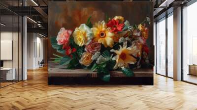 A bouquet of flowers sits atop a rustic wooden table Wall mural