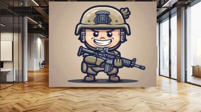 A cartoon soldier holding a machine gun. Suitable for military and action-themed projects Wall mural