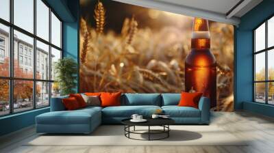 A clear glass bottle sitting amidst a lush green field of wheat, perfect for a rustic picnic or outdoor setting Wall mural