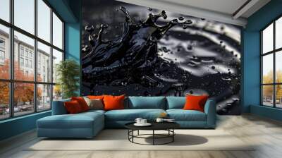 A close-up shot of a water droplet splashing onto a dark, smooth surface Wall mural