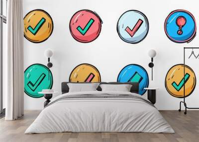 A collection of variously colored buttons arranged on a clean white surface Wall mural