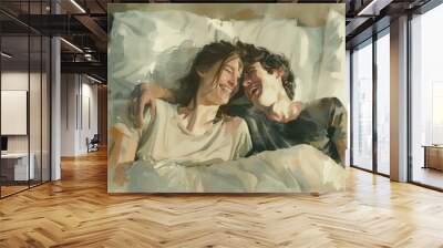 A couple lying together in bed, a romantic scene Wall mural