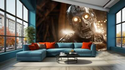 A detailed close-up image of a robot with glowing eyes. This picture can be used to depict futuristic technology or artificial intelligence in various applications. Wall mural