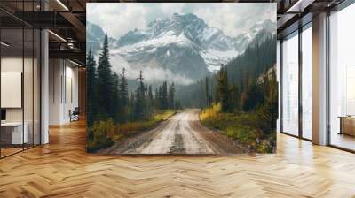 A dirt road leading into the distance against a mountain backdrop, suitable for outdoor or adventure-themed projects Wall mural