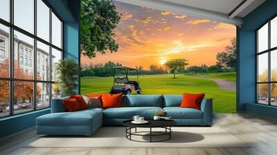 A golf cart on a beautiful golf course at sunset. Perfect for golfing or sports concepts Wall mural