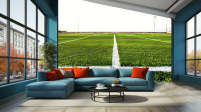 A grassy soccer field with a white line painted on it, suitable for sports and outdoor theme images Wall mural