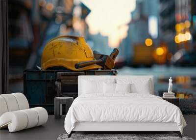 A hard hat sits atop a piece of metal, ready for use Wall mural