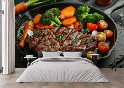 A juicy steak served with colorful vegetables, cooked in a hot pan on a table Wall mural