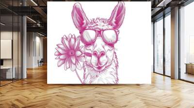 A llama wearing sunglasses and holding a flower. Suitable for animal lovers and summer-themed designs Wall mural