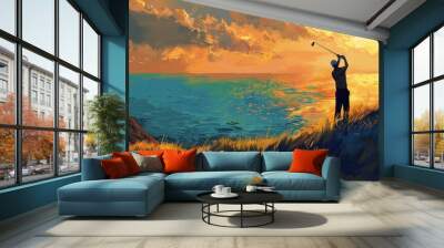 A man enjoying a game of golf on the beach, perfect for travel and leisure concepts Wall mural