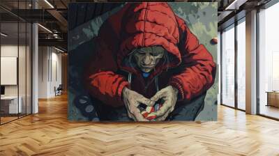 A man in a red hoodie sitting on the ground. Suitable for lifestyle and casual concepts Wall mural