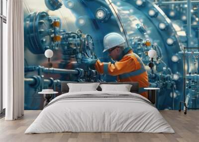 A man in an orange uniform working on a machine. Suitable for industrial and manufacturing concepts Wall mural