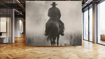 A man rides a horse in a green field with hills and trees Wall mural