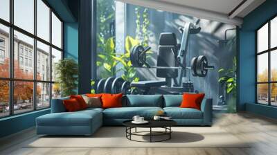 A modern gym room with a bench, free weights, and plants Wall mural