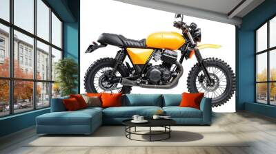 A motorcycle with a simple design and minimal accessories is placed on a clean white background Wall mural