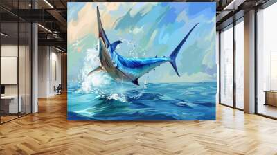 A painting of a blue marlin fish leaping out of the water. Suitable for fishing enthusiasts and marine-themed designs Wall mural