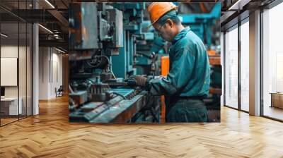 A person in a hard hat works on industrial equipment Wall mural