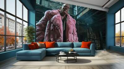 A person wearing a bright pink fur coat stands inside a building Wall mural