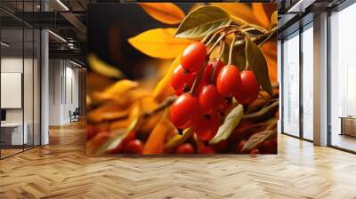 A picture of a bunch of red berries hanging from a tree. This image can be used to depict the beauty of nature or as a symbol of abundance and harvest Wall mural