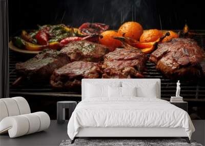 A picture of a grill with meat and vegetables cooking on it. Perfect for summer BBQs and outdoor cooking Wall mural